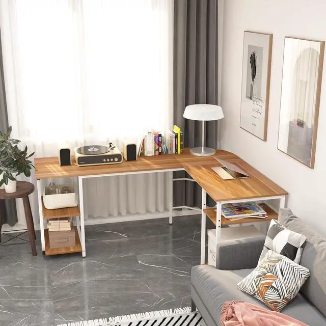 Alt view image 2 of 7 - L Shaped Desk Reversible, Corner Computer L Desk with Storage Shelves, Modern Gaming Desk Workstation for Home Office, Walnut