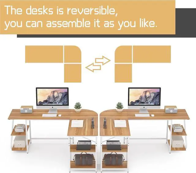 Alt view image 6 of 7 - L Shaped Desk Reversible, Corner Computer L Desk with Storage Shelves, Modern Gaming Desk Workstation for Home Office, Walnut