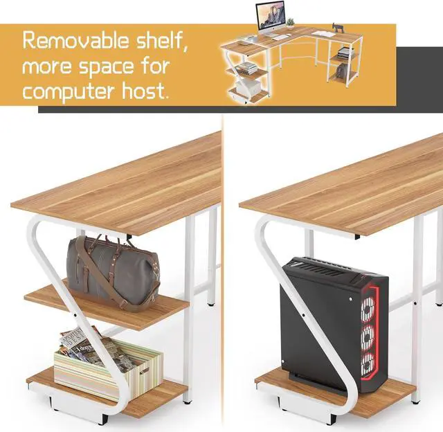 Alt view image 7 of 7 - L Shaped Desk Reversible, Corner Computer L Desk with Storage Shelves, Modern Gaming Desk Workstation for Home Office, Walnut