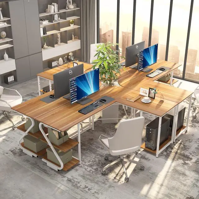 Alt view image 5 of 7 - L Shaped Desk Reversible, Corner Computer L Desk with Storage Shelves, Modern Gaming Desk Workstation for Home Office, Walnut