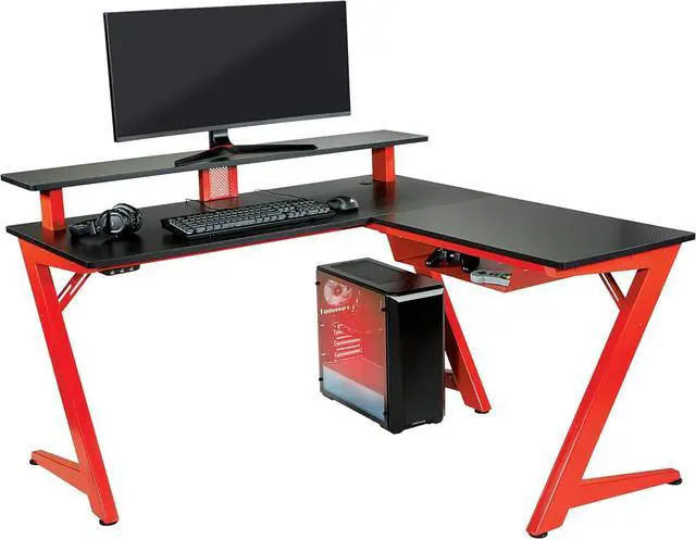Alt view image 5 of 7 - OSP Home Furnishings Avatar Battlestation L-Shape Gaming Desk with Bluetooth RGB LED Lights and Carbon Fiber Surface, Red
