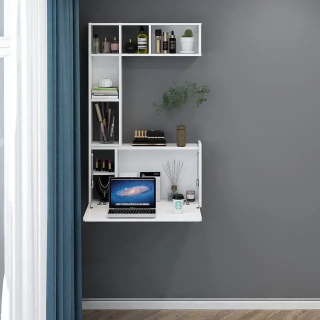 Alt view image 4 of 7 - Pmnianhua Floating Desk,Wall Mounted Desk Folding,Hidden Pull Down Desk,Space Saving Desk,Folding Wall Desk for Small Space Apartment Bedroom(White)