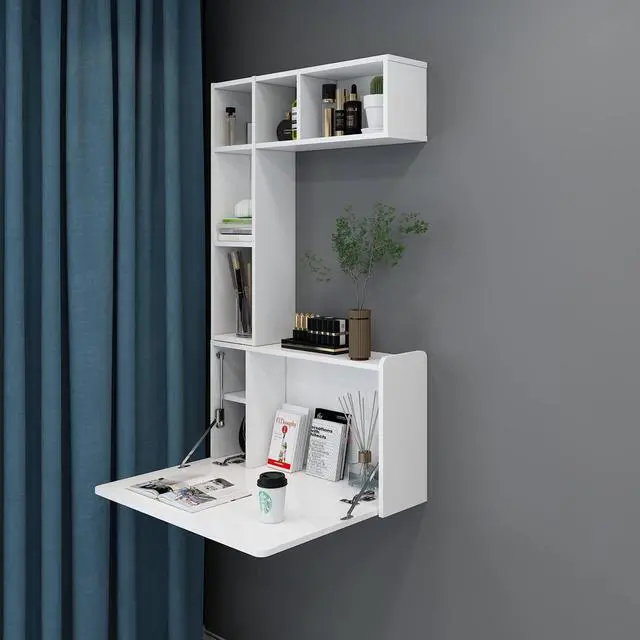 Alt view image 7 of 7 - Pmnianhua Floating Desk,Wall Mounted Desk Folding,Space Saving Desk,Folding Wall Desk for Small Space Apartment Bedroom(White)