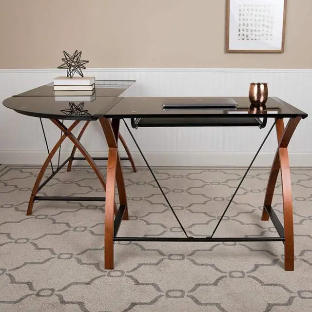 Alt view image 4 of 7 - Flash Furniture Jude Black Glass L-Shape Corner Computer Desk with Pull-Out Keyboard Tray