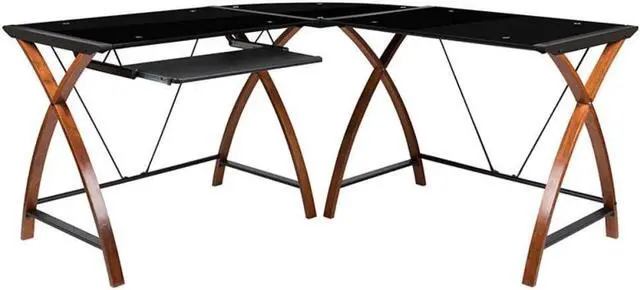 Alt view image 6 of 7 - Flash Furniture Jude Black Glass L-Shape Corner Computer Desk with Pull-Out Keyboard Tray