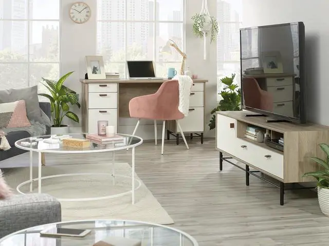 Alt view image 5 of 7 - Sauder Anda Norr Executive Desk, L: 56.3" x W: 22.13" x H: 29.53", Sky Oak Finish