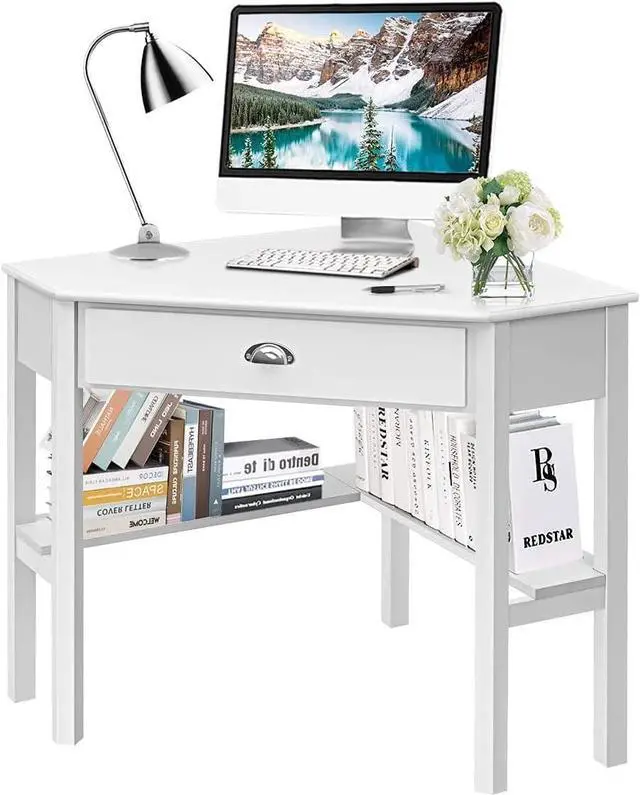Main image of HOMGX Corner Desk, Writing and Study Corner Computer Desk, Laptop PC Table, Wood Home Office Desk, Small Corner Desk with Storage Drawer, Shelves, Office Study Workstation, White Corner Desk (White)