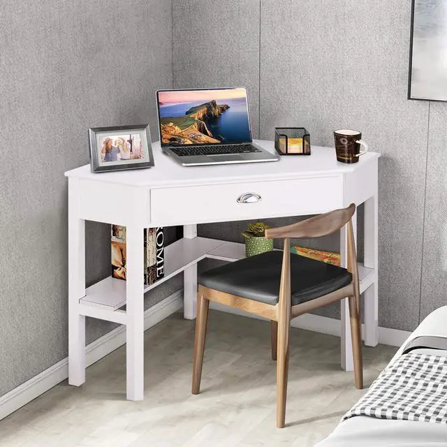 Alt view image 5 of 7 - HOMGX Corner Desk, Writing and Study Corner Computer Desk, Laptop PC Table, Wood Home Office Desk, Small Corner Desk with Storage Drawer, Shelves, Office Study Workstation, White Corner Desk (White)
