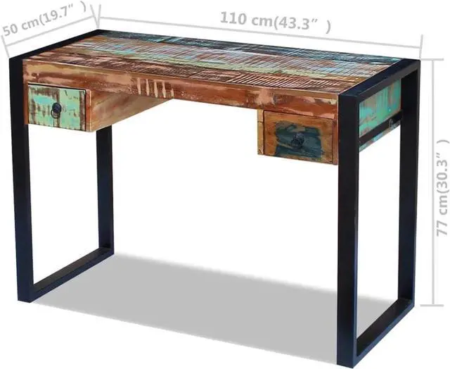 Alt view image 2 of 6 - vidaXL Solid Reclaimed Wood Desk, Vintage Style Study Table with Steel Frame, 2 Drawers, Multicolor