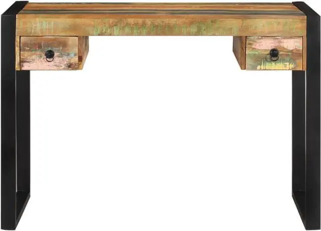 Alt view image 3 of 6 - vidaXL Solid Reclaimed Wood Desk, Vintage Style Study Table with Steel Frame, 2 Drawers, Multicolor