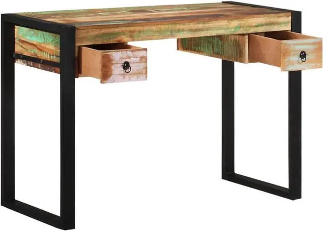 Alt view image 4 of 6 - vidaXL Solid Reclaimed Wood Desk, Vintage Style Study Table with Steel Frame, 2 Drawers, Multicolor