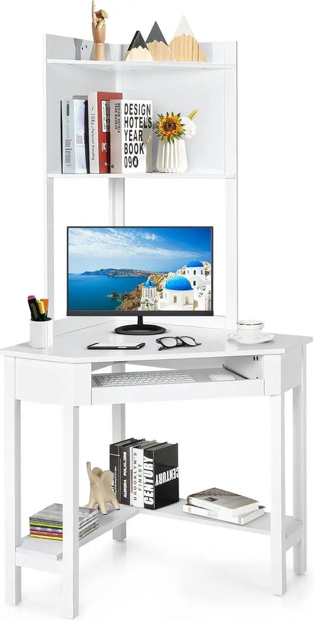 Main image of COSTWAY Corner Desk with Hutch, Compact Corner Computer Desk, Study and Writing Table with Keyboard Tray & Bottom Shelves, Space-saving Laptop PC Desk for Small Space, Home, Bedroom, Apartment (White)