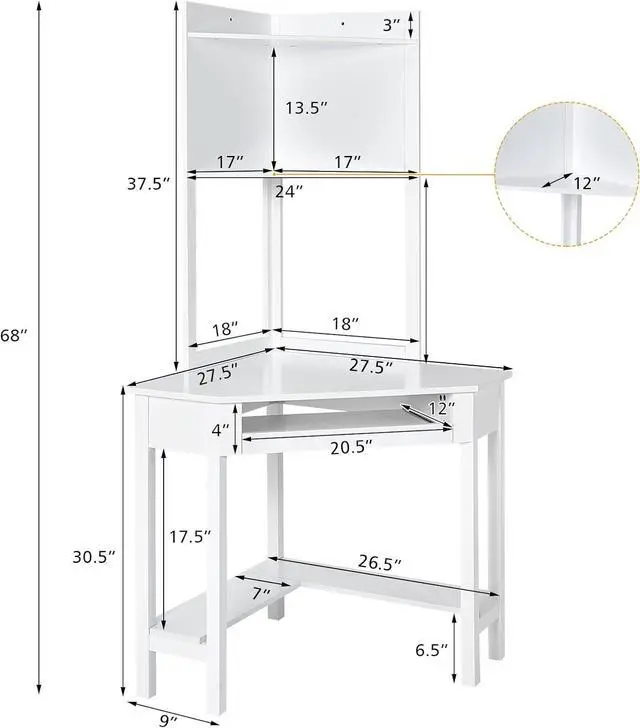 Alt view image 3 of 7 - COSTWAY Corner Desk with Hutch, Compact Corner Computer Desk, Study and Writing Table with Keyboard Tray & Bottom Shelves, Space-saving Laptop PC Desk for Small Space, Home, Bedroom, Apartment (White)
