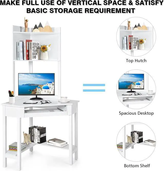 Alt view image 4 of 7 - COSTWAY Corner Desk with Hutch, Compact Corner Computer Desk, Study and Writing Table with Keyboard Tray & Bottom Shelves, Space-saving Laptop PC Desk for Small Space, Home, Bedroom, Apartment (White)