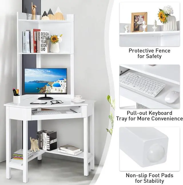 Alt view image 7 of 7 - COSTWAY Corner Desk with Hutch, Compact Corner Computer Desk, Study and Writing Table with Keyboard Tray & Bottom Shelves, Space-saving Laptop PC Desk for Small Space, Home, Bedroom, Apartment (White)