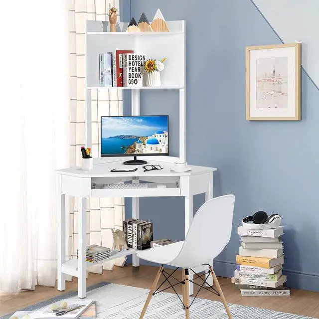 Alt view image 2 of 7 - COSTWAY Corner Desk with Hutch, Compact Corner Computer Desk, Study and Writing Table with Keyboard Tray & Bottom Shelves, Space-saving Laptop PC Desk for Small Space, Home, Bedroom, Apartment (White)