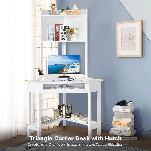 Alt view image 6 of 7 - COSTWAY Corner Desk with Hutch, Compact Corner Computer Desk, Study and Writing Table with Keyboard Tray & Bottom Shelves, Space-saving Laptop PC Desk for Small Space, Home, Bedroom, Apartment (White)