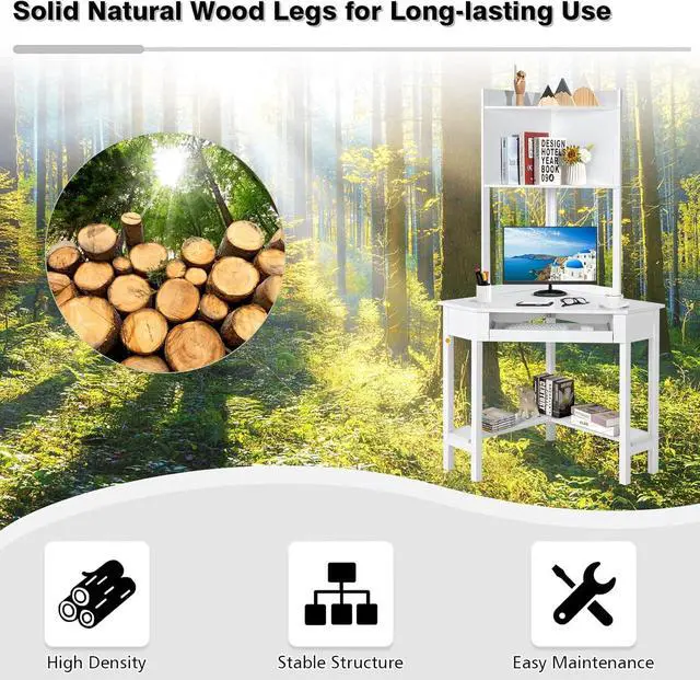 Alt view image 5 of 7 - COSTWAY Corner Desk with Hutch, Compact Corner Computer Desk, Study and Writing Table with Keyboard Tray & Bottom Shelves, Space-saving Laptop PC Desk for Small Space, Home, Bedroom, Apartment (White)