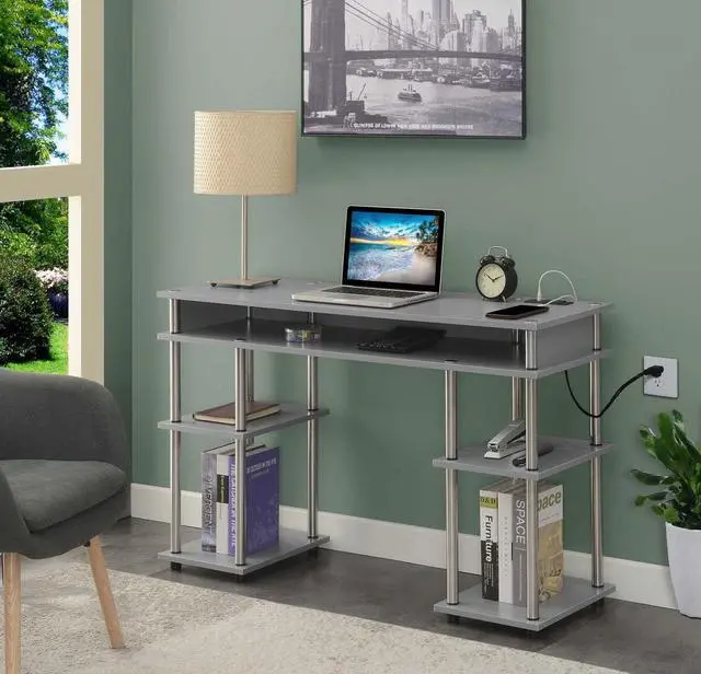 Alt view image 2 of 7 - Convenience Concepts Designs2Go No Tools Student Desk with Charging Station and Shelves, Gray