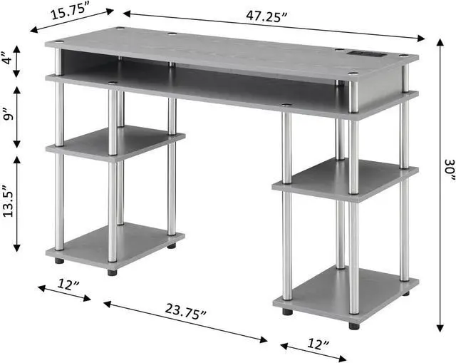 Alt view image 3 of 7 - Convenience Concepts Designs2Go No Tools Student Desk with Charging Station and Shelves, Gray