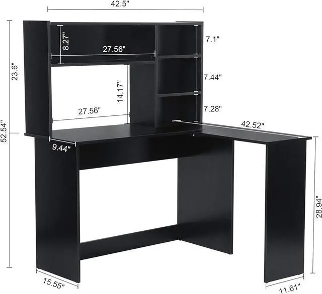 Alt view image 3 of 7 - ivinta Wood L Shaped Computer Desk with Hutch Modern Corner Gaming Desk with Storage Shelves Home Office Desk for Small Space Dark Brown Writing Desk Workstation