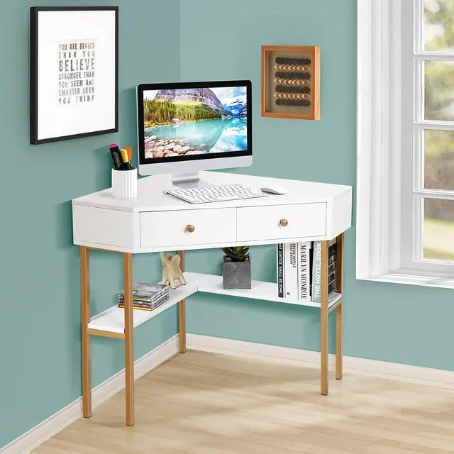 Alt view image 2 of 7 - IFANNY Corner Desk with Drawers, 90 Degrees Triangle Desk w/Storage Shelves and Metal Frame, Corner Writing Desk, Corner Makeup Vanity Table, Small Corner Desks for Small Spaces (White)