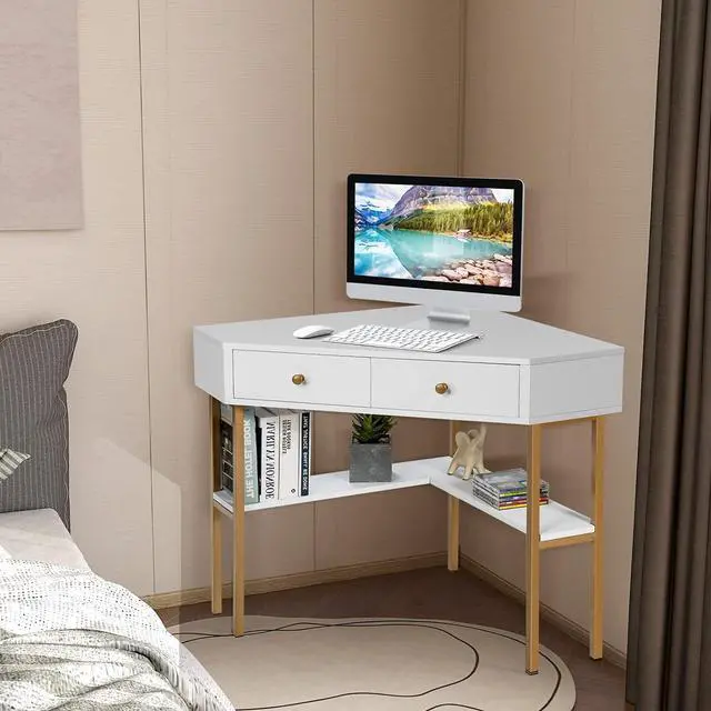 Alt view image 3 of 7 - IFANNY Corner Desk with Drawers, 90 Degrees Triangle Desk w/Storage Shelves and Metal Frame, Corner Writing Desk, Corner Makeup Vanity Table, Small Corner Desks for Small Spaces (White)