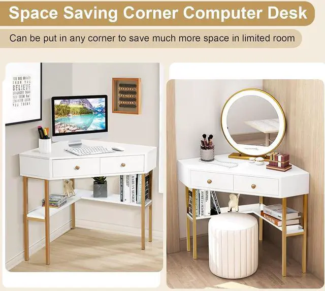 Alt view image 4 of 7 - IFANNY Corner Desk with Drawers, 90 Degrees Triangle Desk w/Storage Shelves and Metal Frame, Corner Writing Desk, Corner Makeup Vanity Table, Small Corner Desks for Small Spaces (White)