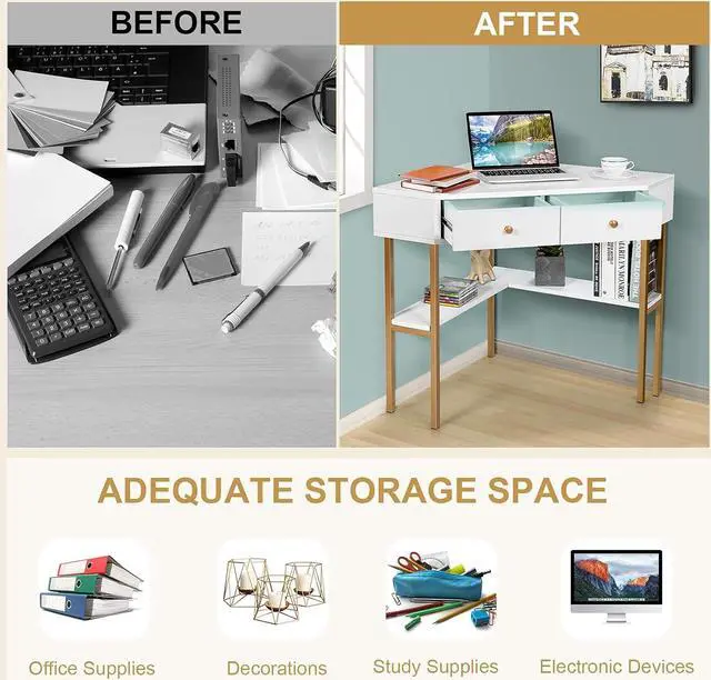 Alt view image 5 of 7 - IFANNY Corner Desk with Drawers, 90 Degrees Triangle Desk w/Storage Shelves and Metal Frame, Corner Writing Desk, Corner Makeup Vanity Table, Small Corner Desks for Small Spaces (White)