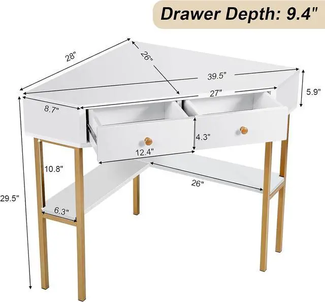 Alt view image 7 of 7 - IFANNY Corner Desk with Drawers, 90 Degrees Triangle Desk w/Storage Shelves and Metal Frame, Corner Writing Desk, Corner Makeup Vanity Table, Small Corner Desks for Small Spaces (White)