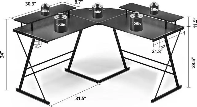 Alt view image 2 of 7 - Evajoy Gaming Desk, L Shaped Computer Corner Desk, 53" Ergonomic Gaming Table with Monitor Stands, PC Desk with LED Strips and Power Outlets, Carbon Fiber Surface with Cup Holder, Headphone Hook