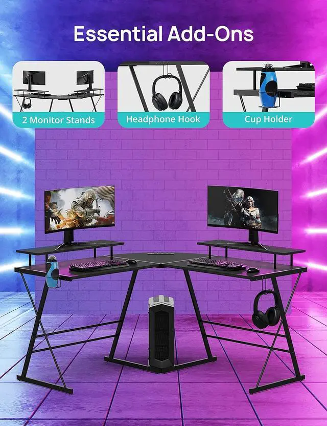 Alt view image 4 of 7 - Evajoy Gaming Desk, L Shaped Computer Corner Desk, 53" Ergonomic Gaming Table with Monitor Stands, PC Desk with LED Strips and Power Outlets, Carbon Fiber Surface with Cup Holder, Headphone Hook
