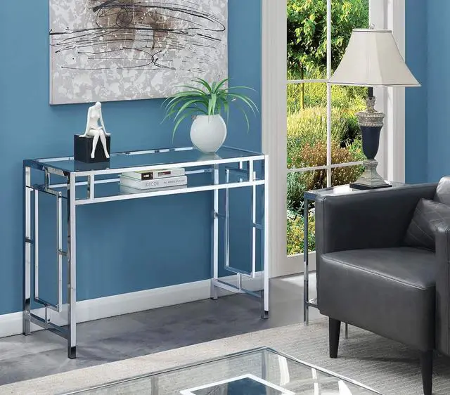 Alt view image 2 of 7 - Convenience Concepts Town Square Chrome Desk 42" - Contemporary Modern Office, Den Desk with Shelf, Console Table, and Glam Vanity, Glass/Chrome