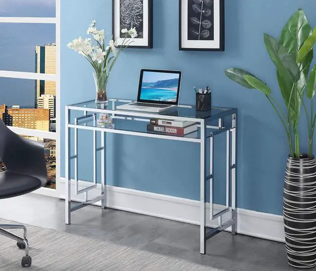 Alt view image 4 of 7 - Convenience Concepts Town Square Chrome Desk 42" - Contemporary Modern Office, Den Desk with Shelf, Console Table, and Glam Vanity, Glass/Chrome