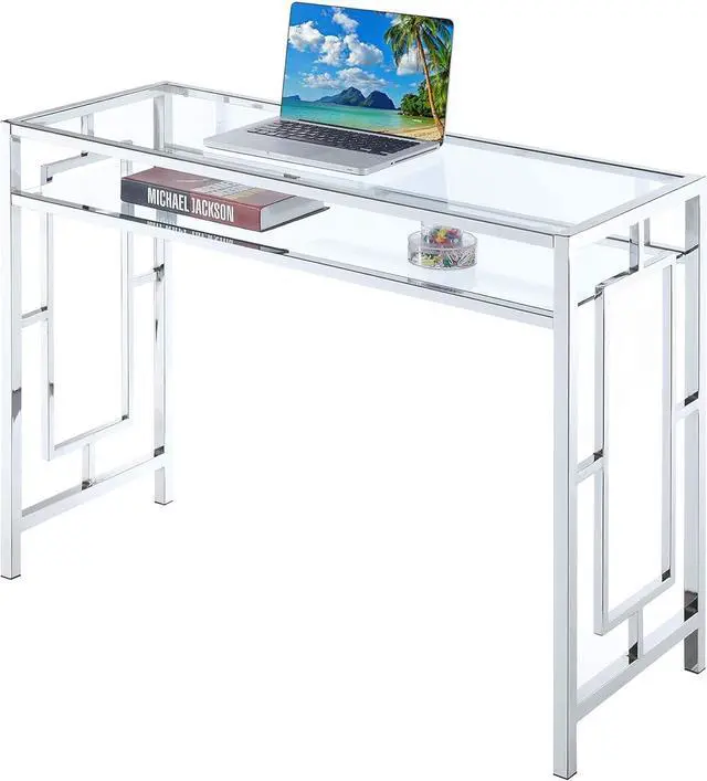 Alt view image 5 of 7 - Convenience Concepts Town Square Chrome Desk 42" - Contemporary Modern Office, Den Desk with Shelf, Console Table, and Glam Vanity, Glass/Chrome