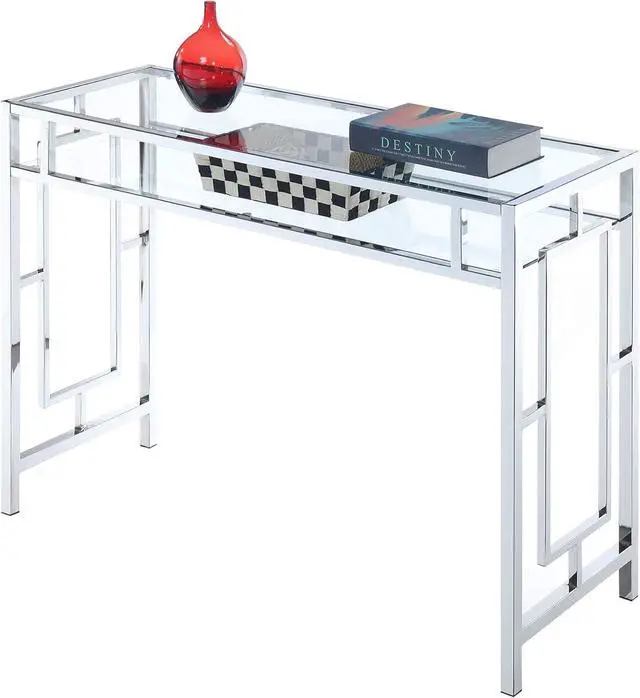 Alt view image 6 of 7 - Convenience Concepts Town Square Chrome Desk 42" - Contemporary Modern Office, Den Desk with Shelf, Console Table, and Glam Vanity, Glass/Chrome