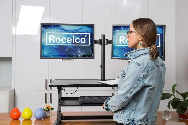 Alt view image 2 of 7 - Rocelco 40" Large Height Adjustable Standing Desk Converter with Dual Monitor Mount BUNDLE - Quick Sit Stand Up Computer Workstation Riser - Retractable Keyboard Tray - Black (R DADRB-40-DM2)
