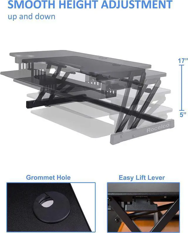 Alt view image 3 of 7 - Rocelco 40" Large Height Adjustable Standing Desk Converter with Dual Monitor Mount BUNDLE - Quick Sit Stand Up Computer Workstation Riser - Retractable Keyboard Tray - Black (R DADRB-40-DM2)