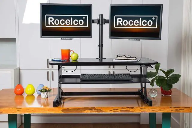 Alt view image 5 of 7 - Rocelco 40" Large Height Adjustable Standing Desk Converter with Dual Monitor Mount BUNDLE - Quick Sit Stand Up Computer Workstation Riser - Retractable Keyboard Tray - Black (R DADRB-40-DM2)