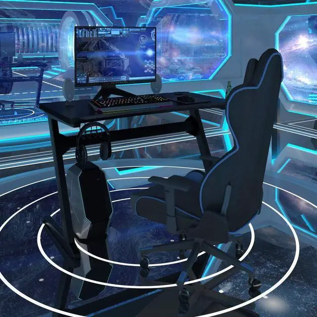 Alt view image 2 of 7 - Tangkula Gaming Desk, Z Shaped Ergonomic Gaming Computer Desk, E-Sports Game Desk with Cup & Headphone Holder and Mouse Pad, Gamer Workstation, Carbon Fiber Surface and Z-Shape Steel Frame (Black)
