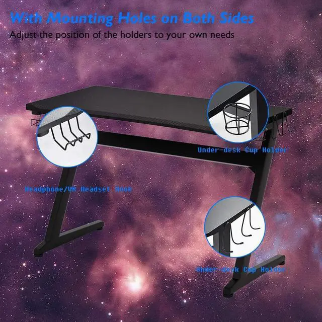 Alt view image 6 of 7 - Tangkula Gaming Desk, Z Shaped Ergonomic Gaming Computer Desk, E-Sports Game Desk with Cup & Headphone Holder and Mouse Pad, Gamer Workstation, Carbon Fiber Surface and Z-Shape Steel Frame (Black)