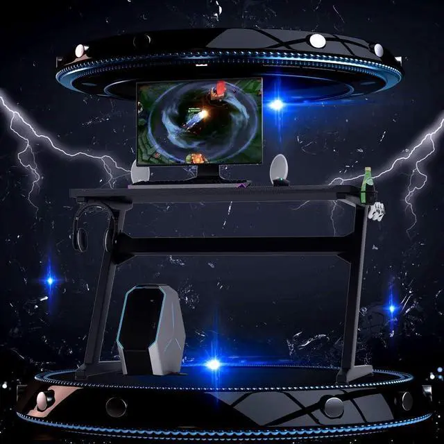Alt view image 4 of 7 - Tangkula Gaming Desk, Z Shaped Ergonomic Gaming Computer Desk, E-Sports Game Desk with Cup & Headphone Holder and Mouse Pad, Gamer Workstation, Carbon Fiber Surface and Z-Shape Steel Frame (Black)