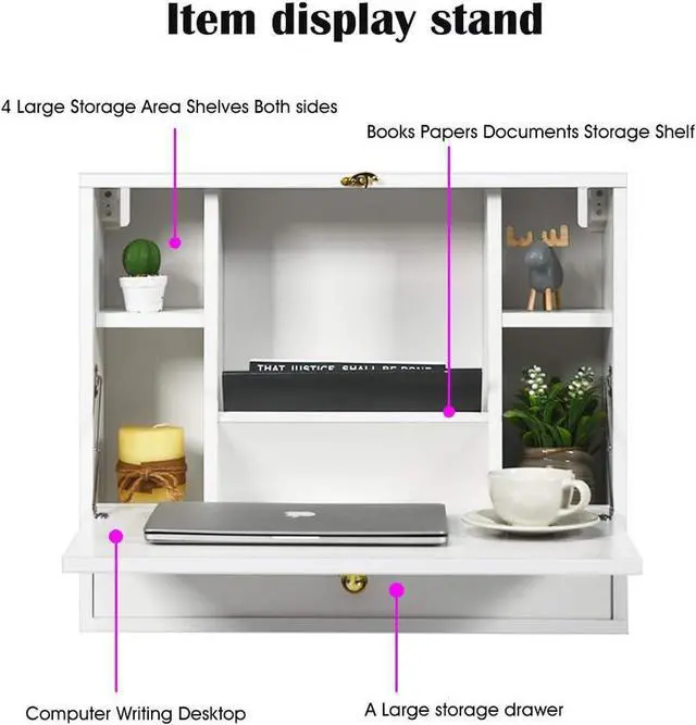 Alt view image 6 of 7 - WATERJOY Storage Chests,Wall Foldable Cabinets,Hideaway Storage with Drawer,Small Folding Hanging Storage Cabinets Working Table Computer Desk Dining Desk Vanity Table for Home,Office White