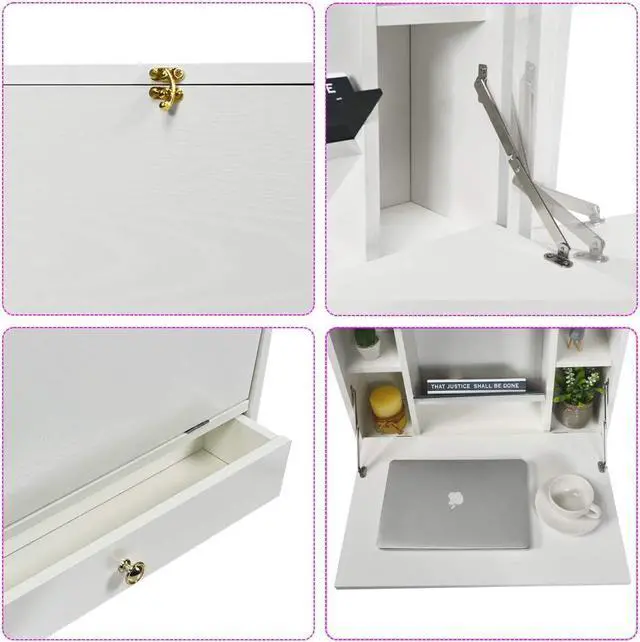 Alt view image 7 of 7 - WATERJOY Storage Chests,Wall Foldable Cabinets,Hideaway Storage with Drawer,Small Folding Hanging Storage Cabinets Working Table Computer Desk Dining Desk Vanity Table for Home,Office White
