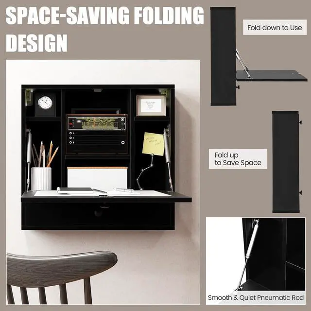 Alt view image 5 of 7 - IFANNY Folding Wall Desk, Wood Wall Mounted Desk with Storage Drawer and Shelves, Fold Down Wall Mount Laptop Desk, Corner Floating Desk for Small Spaces (Black)