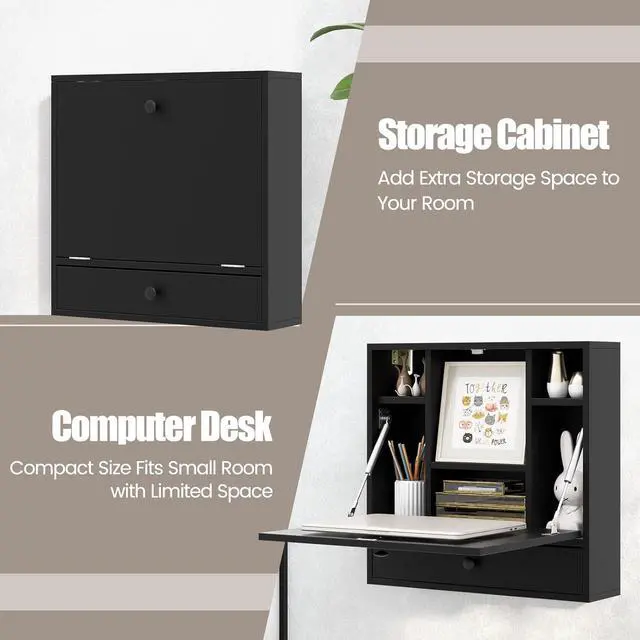 Alt view image 7 of 7 - IFANNY Folding Wall Desk, Wood Wall Mounted Desk with Storage Drawer and Shelves, Fold Down Wall Mount Laptop Desk, Corner Floating Desk for Small Spaces (Black)