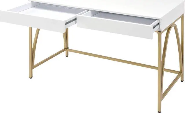 Alt view image 5 of 7 - Acme Lightmane Wooden Top Writing Desk in White High Gloss and Gold