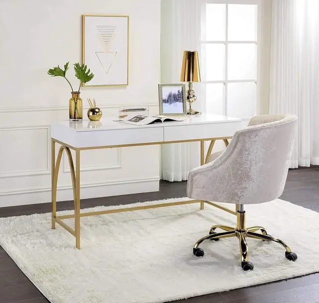 Alt view image 6 of 7 - Acme Lightmane Wooden Top Writing Desk in White High Gloss and Gold