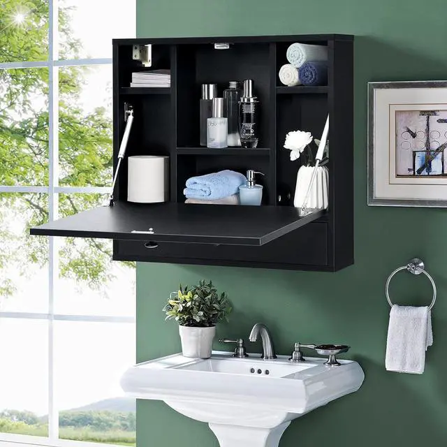 Alt view image 2 of 7 - COSTWAY Wall-Mounted Computer Desk, Floating Desk with Storage Drawer & Shelves, Fold-up Desktop & Pneumatic Springs, Ideal for Home, Office, Dormitory, Small Spaces (Black)