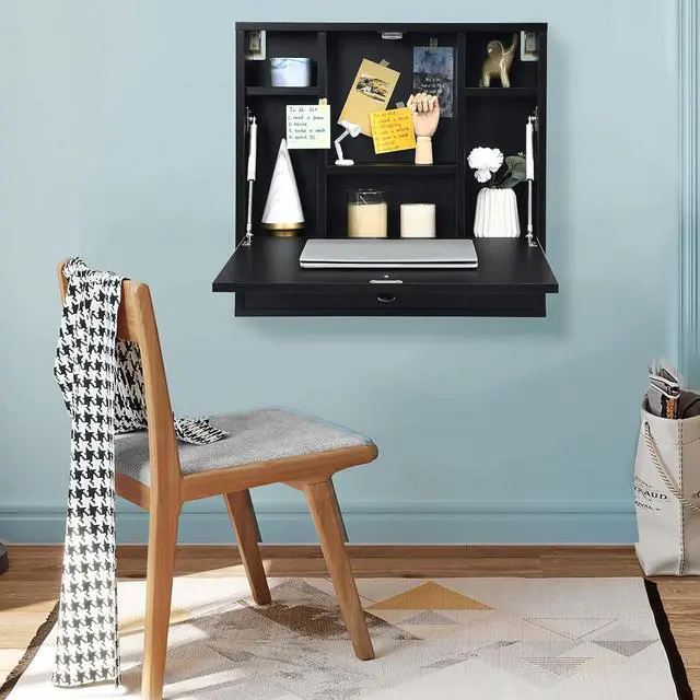 Alt view image 3 of 7 - IFANNY Wall Mounted Desk, Wall Computer Desk w/Storage Drawer & Shelves, Compact Floating Desk for Wall, Space Saving Wall Desk Fold Down, Wall Desks for Small Spaces (Black)